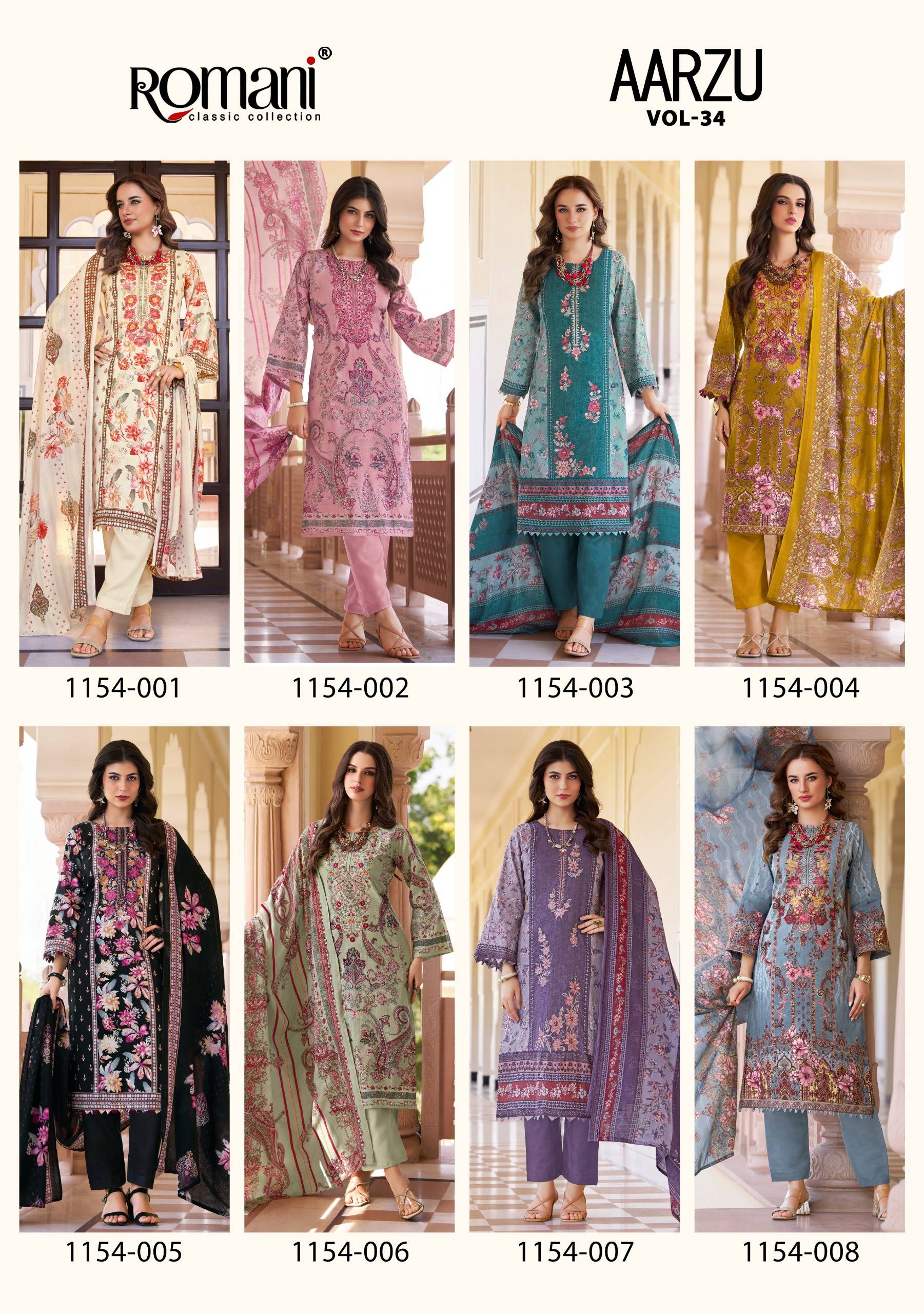 AARZU VOL-34 by ROMANI 1154-001 to 1154-008 series Premium Soft Cotton dresses at Wholesale Price